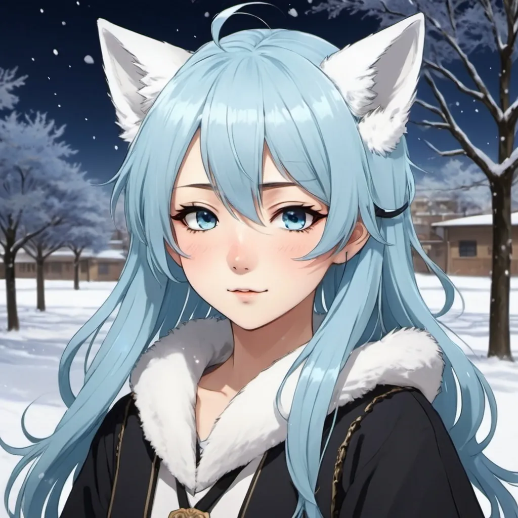 Prompt: anime kitsune the foreign transfer student hairstyle  ice blue hair snowflake buckle like a star hazel eyes only head and neck she look like fell in love  black and long eyelash