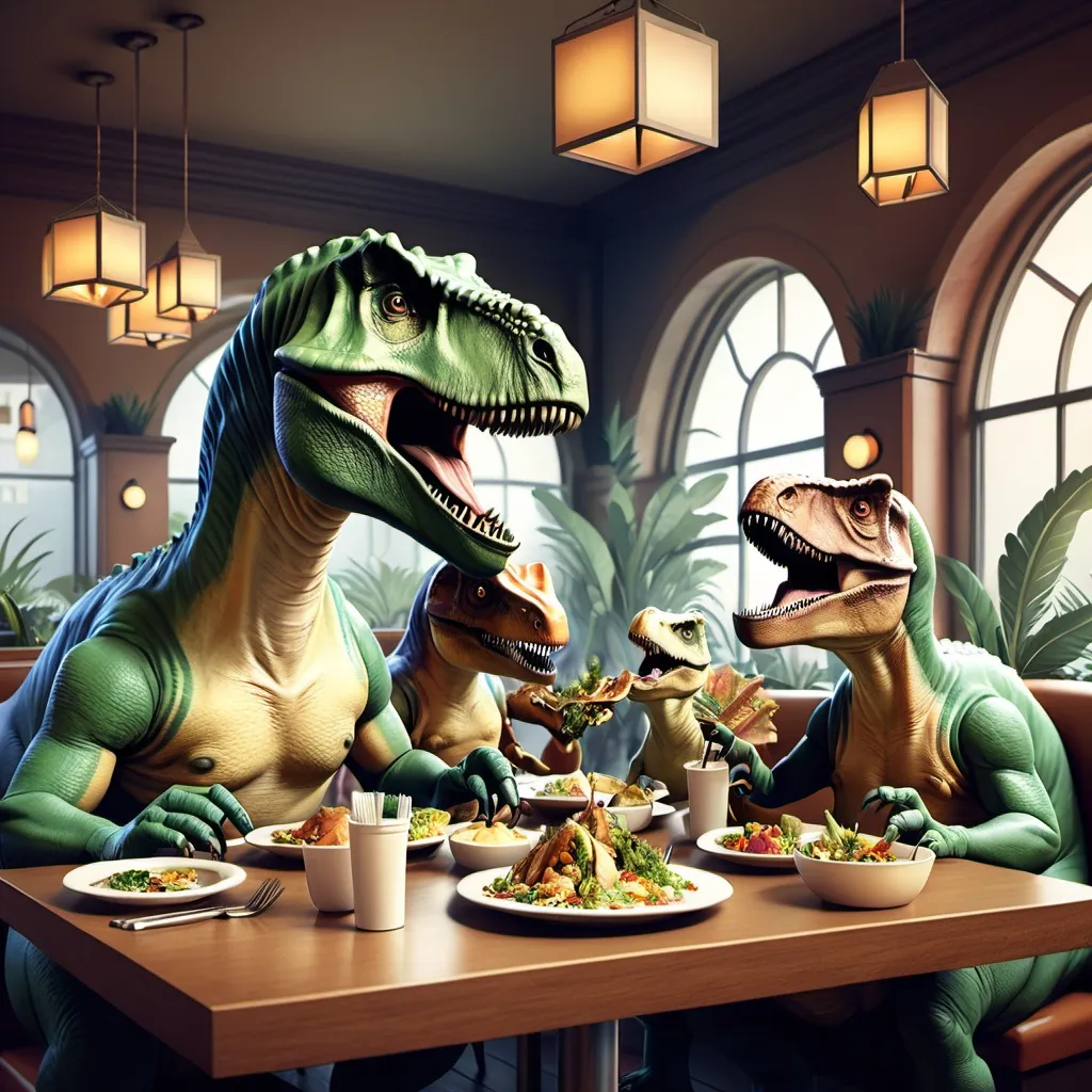 Prompt: Dinosaurs eating in restaurant