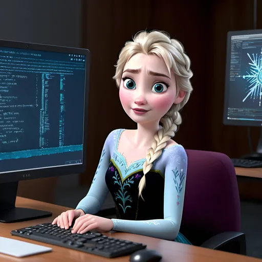 Prompt: Elza from the movie frozen using a computer for coding, as frontend developer