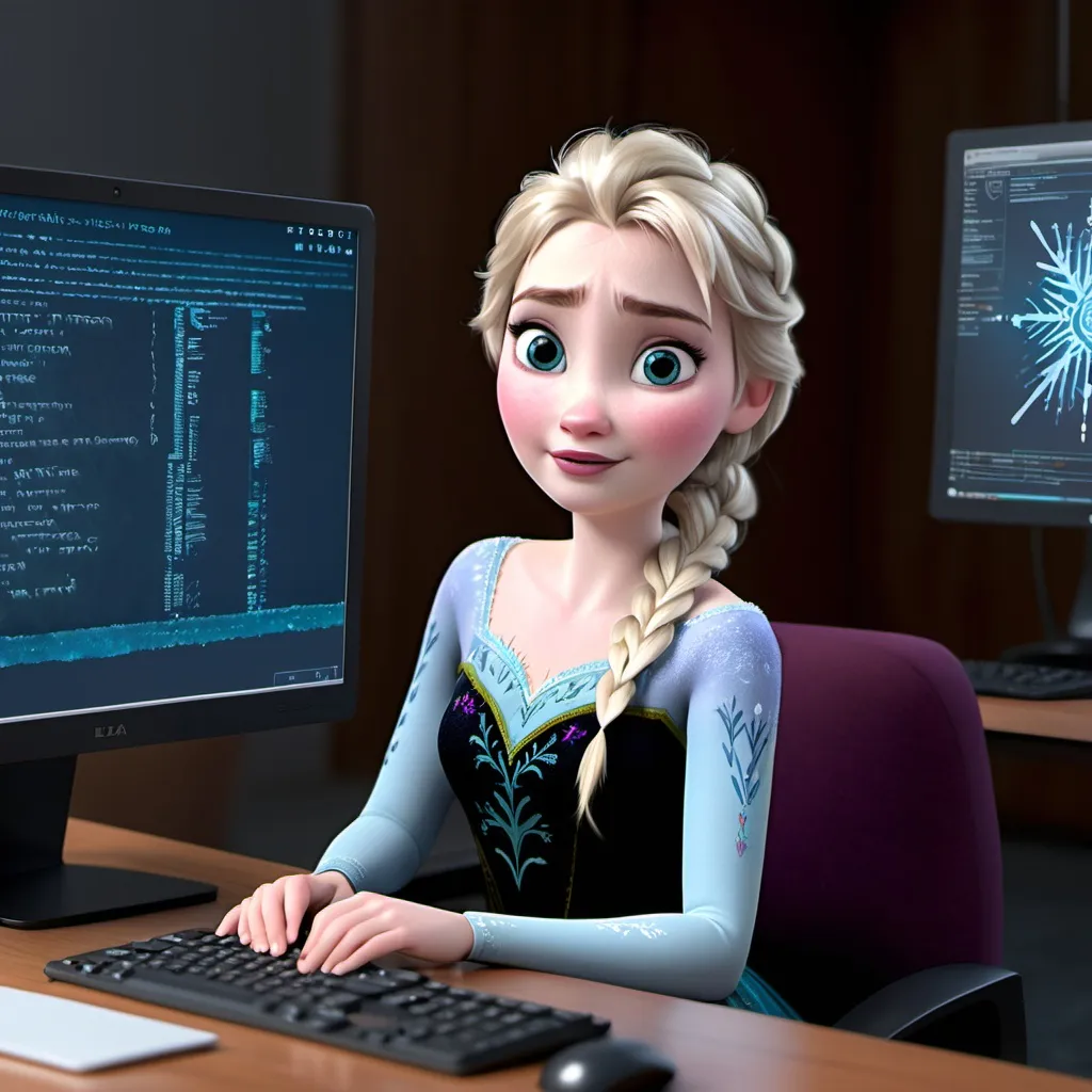 Prompt: Elza from the movie frozen using a computer for coding, as frontend developer