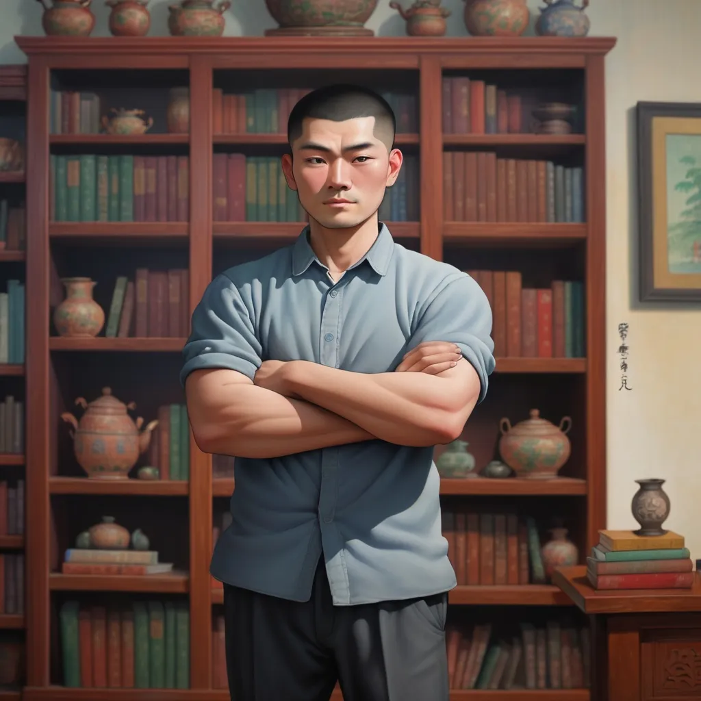 Prompt: a man standing in a room with his arms crossed and his arms crossed in front of him, with a bookcase in the background, Bian Shoumin, naive art, phuoc quan, a picture