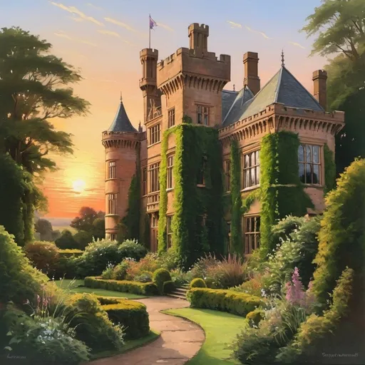 Prompt: victorian crenellated hall castle
, stoney, garden, bushes, trees, sunset, painting