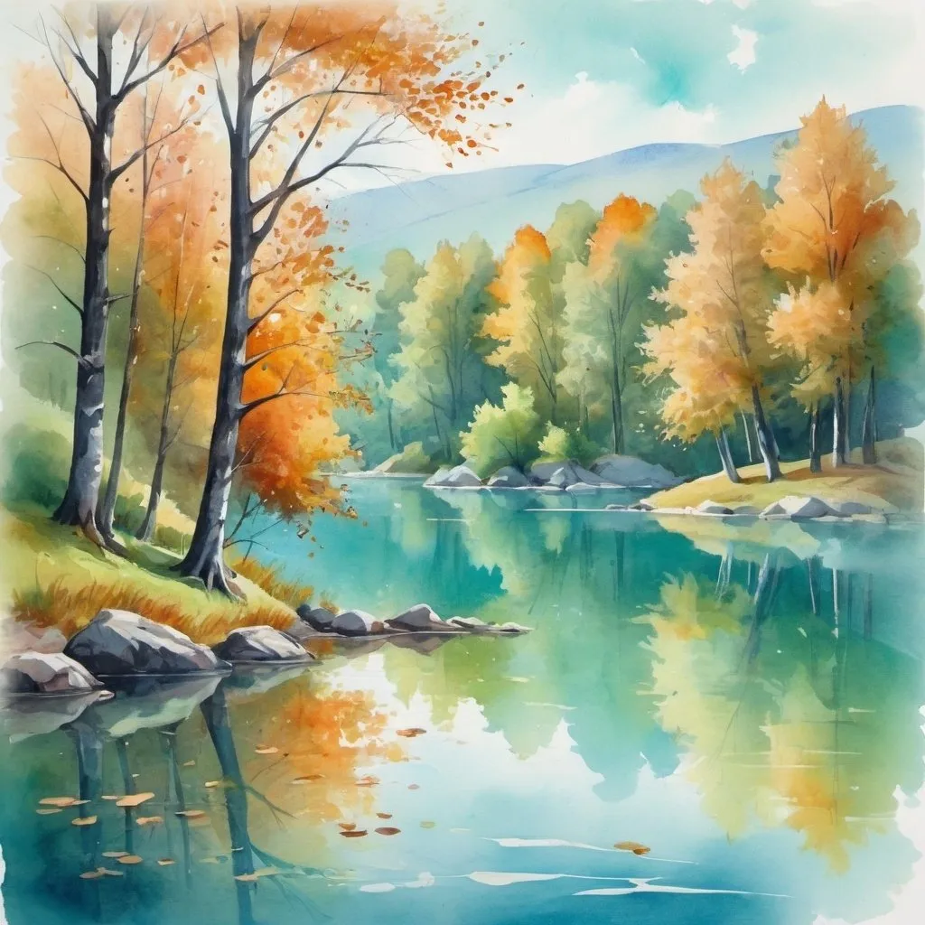 Prompt: romantic landscape with lake with blue-green water, autumn trees, watersoluble painting