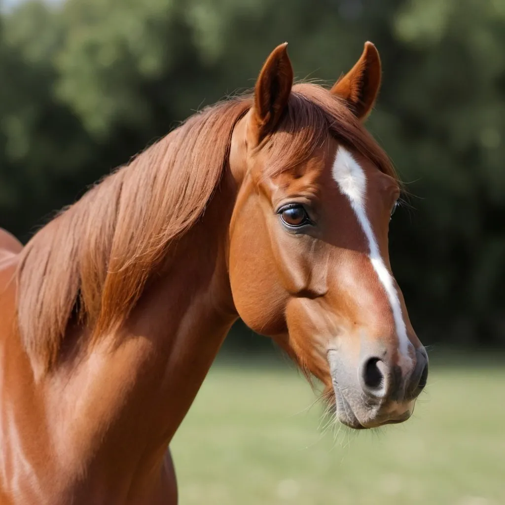 Prompt: horse head, arabian horse, red brown colour, bright eyes, long eyelashes, thin white spot along head, mane flutters