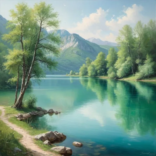 Prompt: romantic landscape with lake with blue-green water