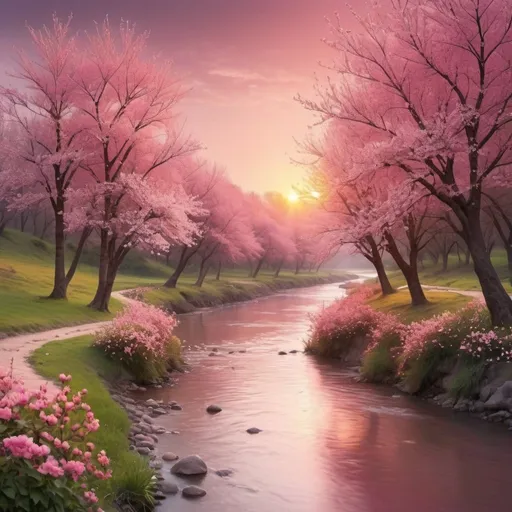 Prompt: lovely flowing river, sunset, pink colour tones, trees, blossoming flowers, dreamy atmosphere