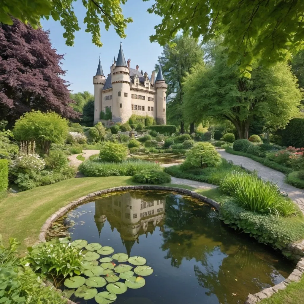 Prompt: little pond in a garden, famous castle, thin paths through the garden, trees above the garden