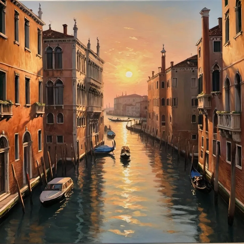 Prompt: waterway in venice, setting sun, painting