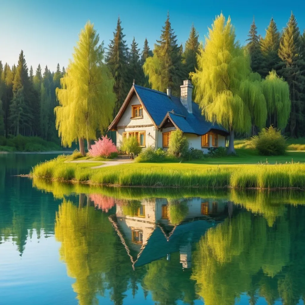 Prompt: fairy tale cottage on the bank of calm lake, lake like a mirror. fresh spring colours, spruces, pines, oaks, willows are touching water, the water is blue green with yellowish thin beach, setting sun