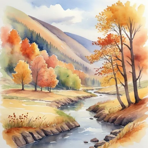 Prompt: water colour autumn valley, trees, river