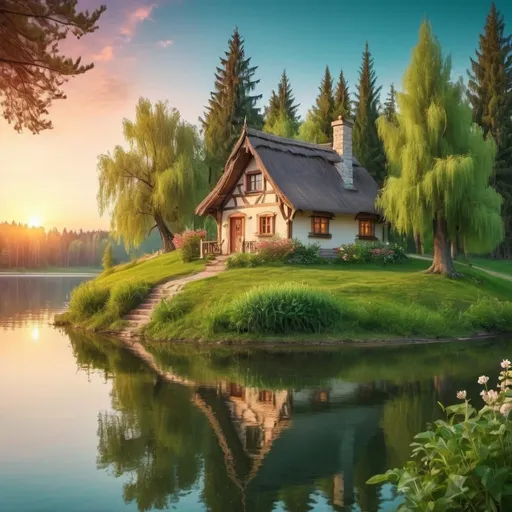 Prompt: fairy tale cottage on the bank of calm lake, fresh green spring spruces, pines, oaks, willows, sunset