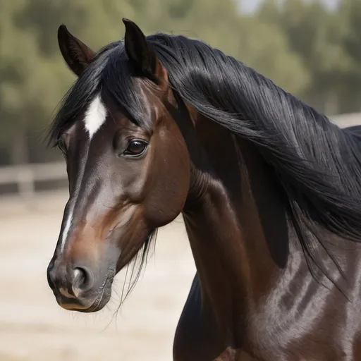 Prompt: horse head, subtle arabian horse, black colour, bright eyes, long eyelashes, intelligent look, thin white spot along head, black mane flutters in the wind