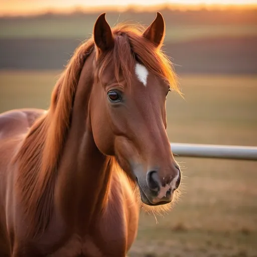 Prompt: intelligent horse, just head, looking at me, elegant thin sharp head, tuft of mane, red mane fluttering, dark  brownish colour, body is shining in setting sun, sunset