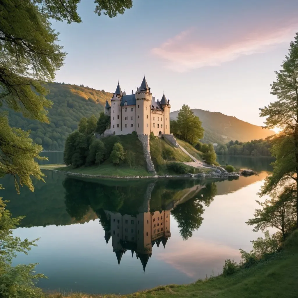 Prompt: beautiful lake seen nearly complete, trees on the bank, little castle standing atop a low mountain is mirrored in the water, stairs up to the castle, sunset