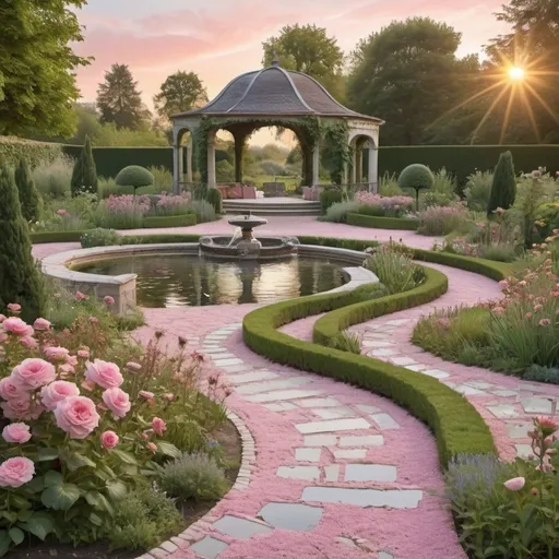 Prompt: french garden with winding paths,  rivulets, waterfall, ponds, high flowers, gazebos, sunset pink tones