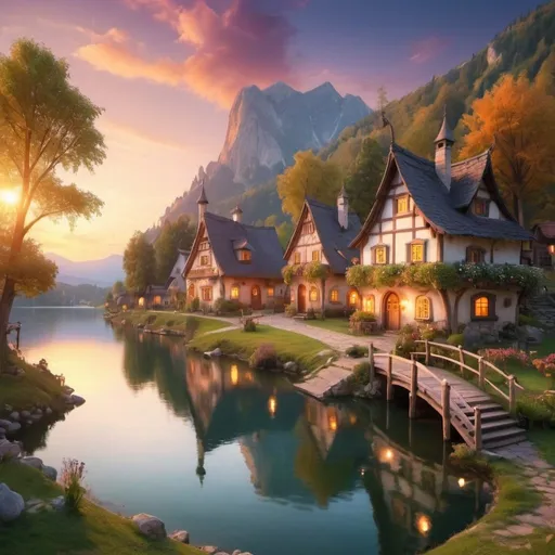 Prompt: fairy tale village, lovely lake, dreamy atmosphere, sunset