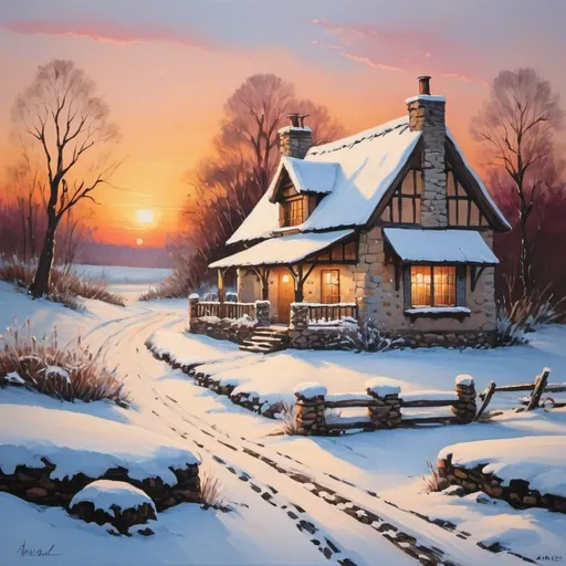 Prompt: rustical cottage painting winter landscape sunset