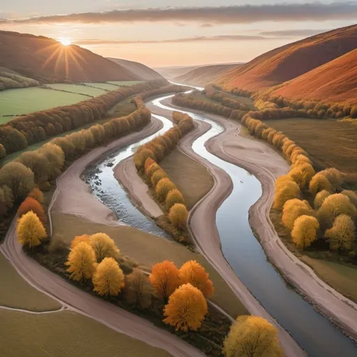 Prompt: valley with river winding through, autumn trees, sand and stoney banks, sunset