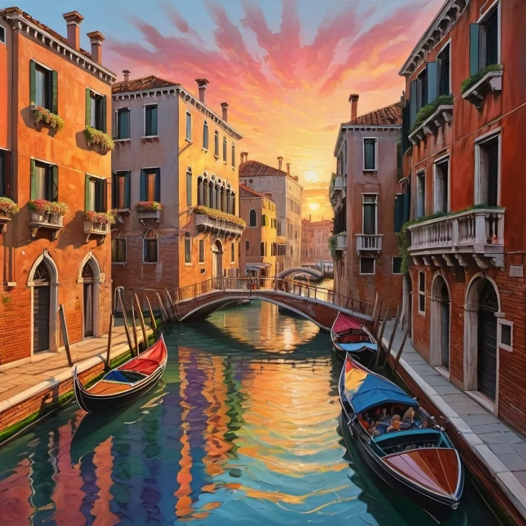 Prompt: colorful intricate winding waterways in venice, boats, sunset painting