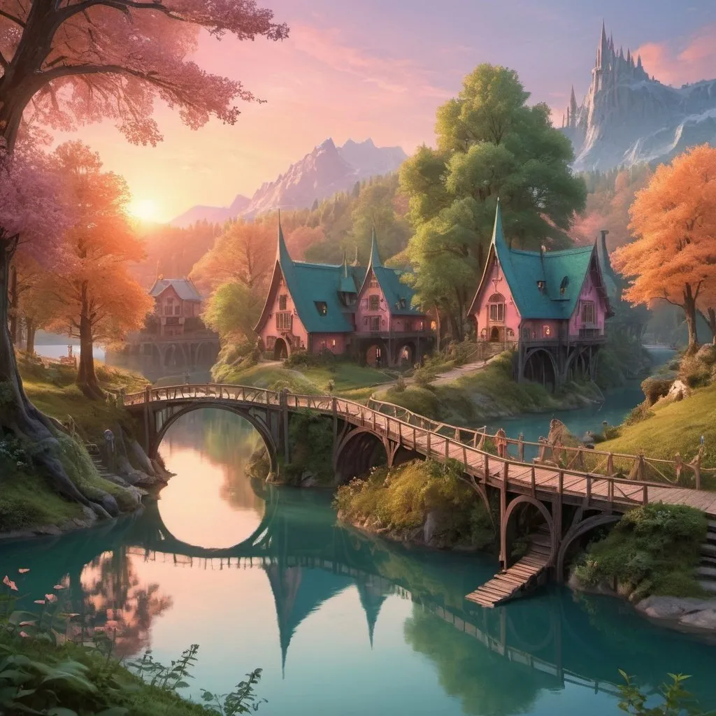 Prompt: romantic lake, elven village around, high bridges, living forest, sunset, pinkish, slightly orange and blue green
