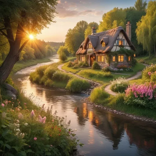 Prompt: Thin river flows through landscape, winding through, trees and flowers on the bank, fairy tale feeling, sunset, lovely cottage with shining windows on the right bank