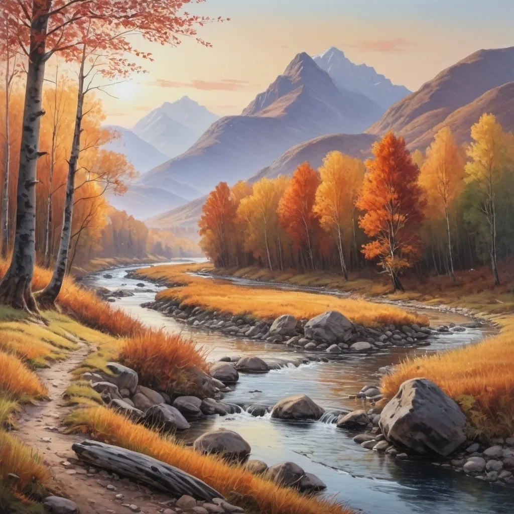 Prompt: mountain view, crisp clear colours of autumn, looking from level of winding river, painting, sunset