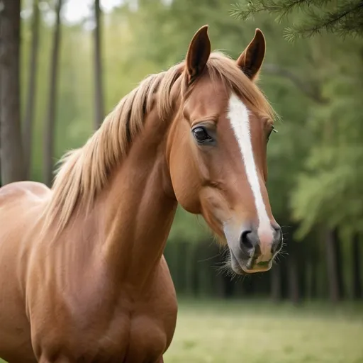 Prompt: intelligently looking horse, elegant thin sharp head, tuft of mane, mane fluttering, brownish colour, trees at background