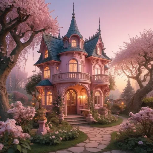 Prompt: fairy villa in a garden on the left, blossoming trees and plants, dusk, shining windows, pinkish shades