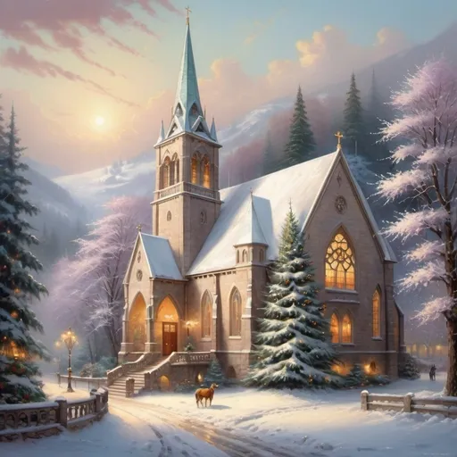 Prompt: kinkade like romantic cathedral in winter, shining windows, large christmas tree, 