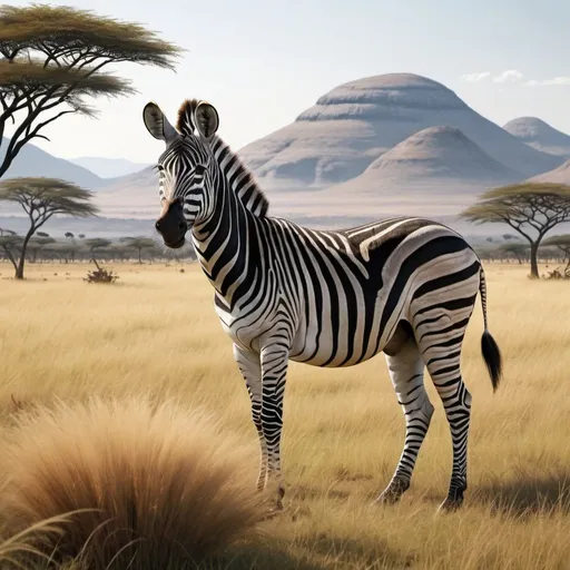 Prompt: slim zebra standing in a long grass, grassy plain, some african trees, high mountain background, acacia trees, realistic design