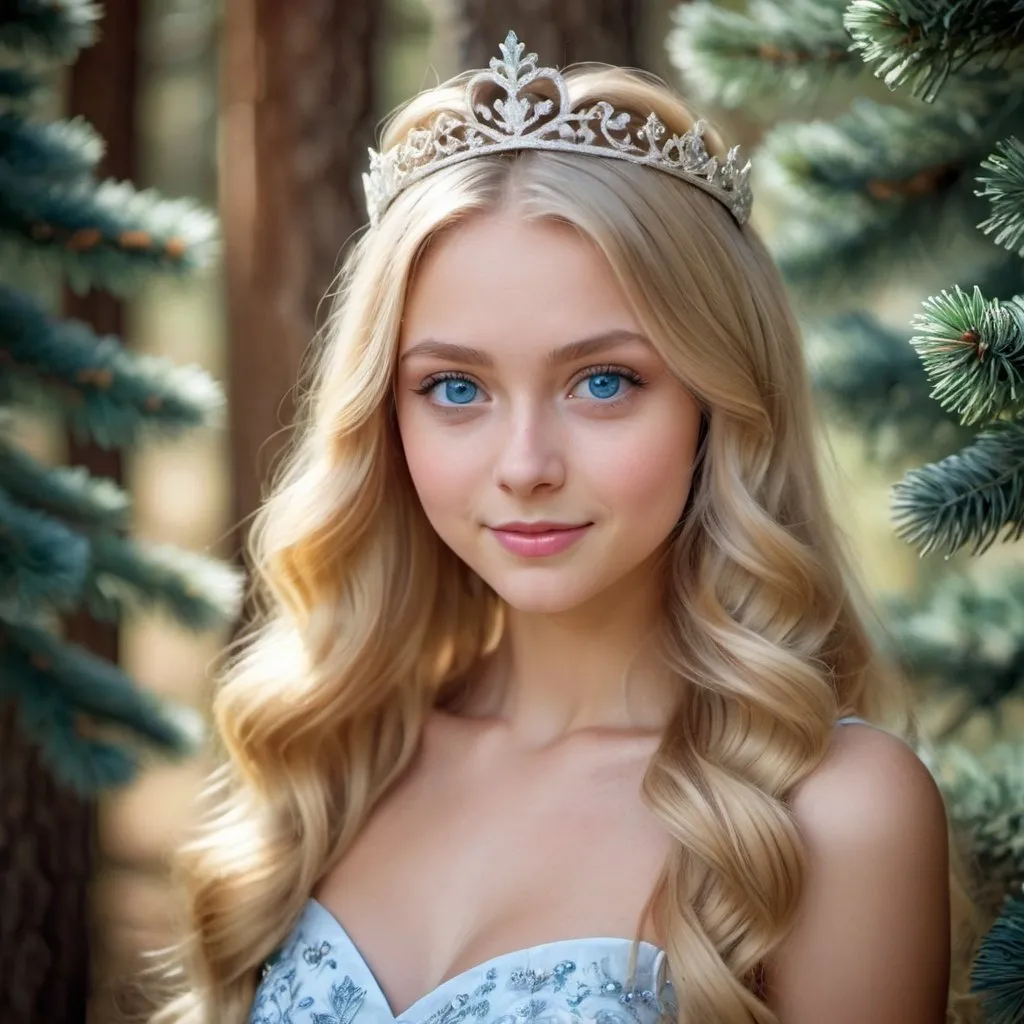 Prompt: relistic beautiful girl with long flowing waves of blond hair, big blue eyes, diadem on head, slightly smiling, wonderful dress, standing in front of a pine tree, princess like