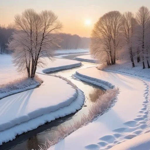 Prompt: thin river is winding through winter landscape, snow covers trees, here and there grass is seen in the snow, sunset shades