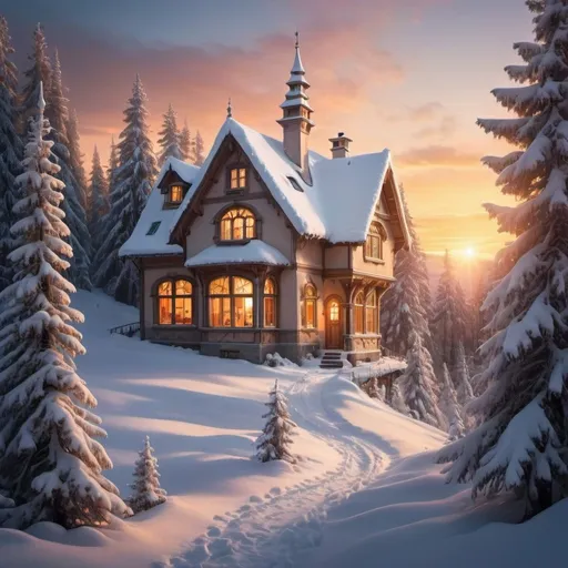 Prompt: fairytale like house with shining windows, in a snowy landscape, spruces, pines, firs, a path through the forest, sunset