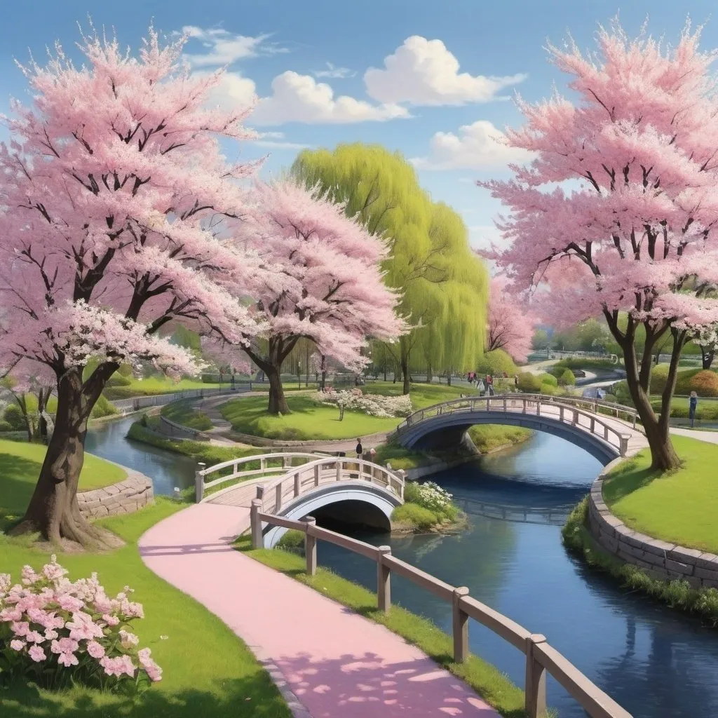 Prompt: park with winding brooks, bridges, lovely flowers and blossoming cherries, pinkish sky, sunny, dark blue sky