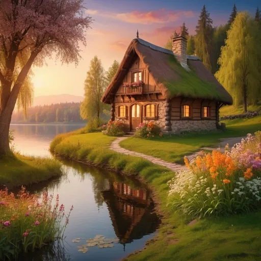 Prompt: wonderful brownish hut cottage on the bank of romantic lake, grass on the bank, flowers, trees blossoming, fairytale, sunset shades

