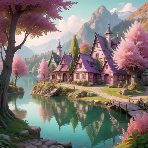 Prompt: fairy tale village, pinkish purplish and greenish tones of leaves, lovely lake
