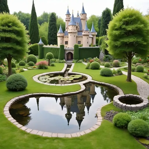 Prompt: little pond in a garden, famous castle models around, thin paths through the garden, trees above the garden