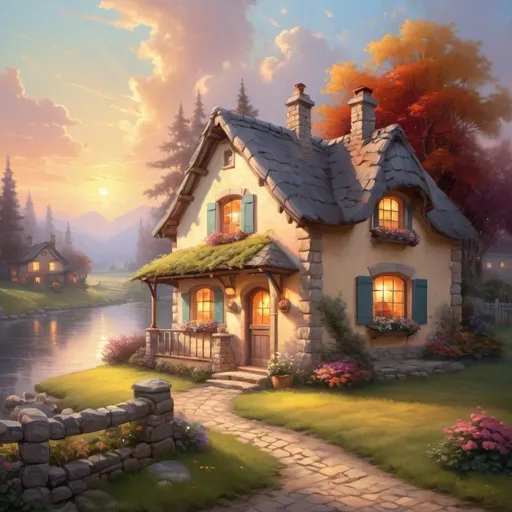 Prompt: kinkade like romantic landscape with cute cottage, shining windows, sunset