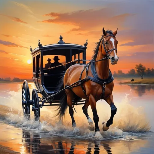 Prompt: horse drown carriage, beautiful, galloping, sunset, painting
