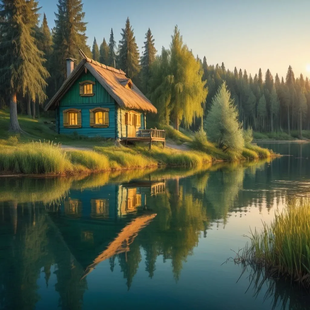 Prompt: fairy tale hut on the bank of lake on the left of the picture, spruces, pines, oaks, willows are touching water, the water is blue green with yellowish thin beach, setting sun