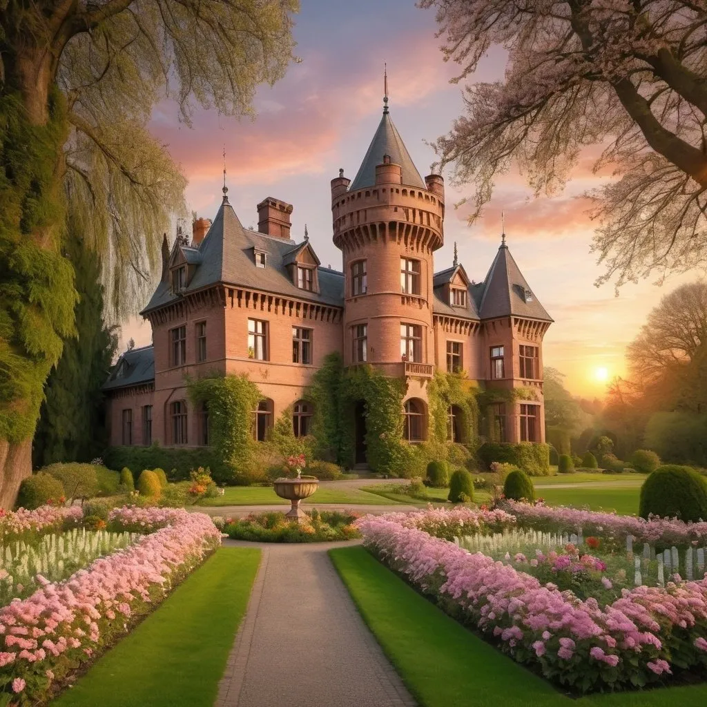 Prompt: victorian crenellated hall castle, romantic, made of brcks, garden with flowers, blossoming trees, sunset