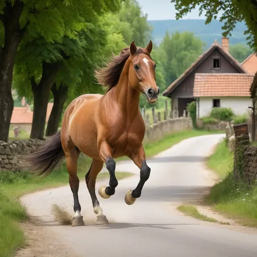 Prompt: brownish horse is galloping along an old road, tail is flailing, green trees, lovely little village at background