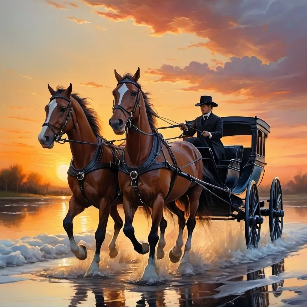 Prompt: horse drown carriage, beautiful, galloping, sunset, painting
