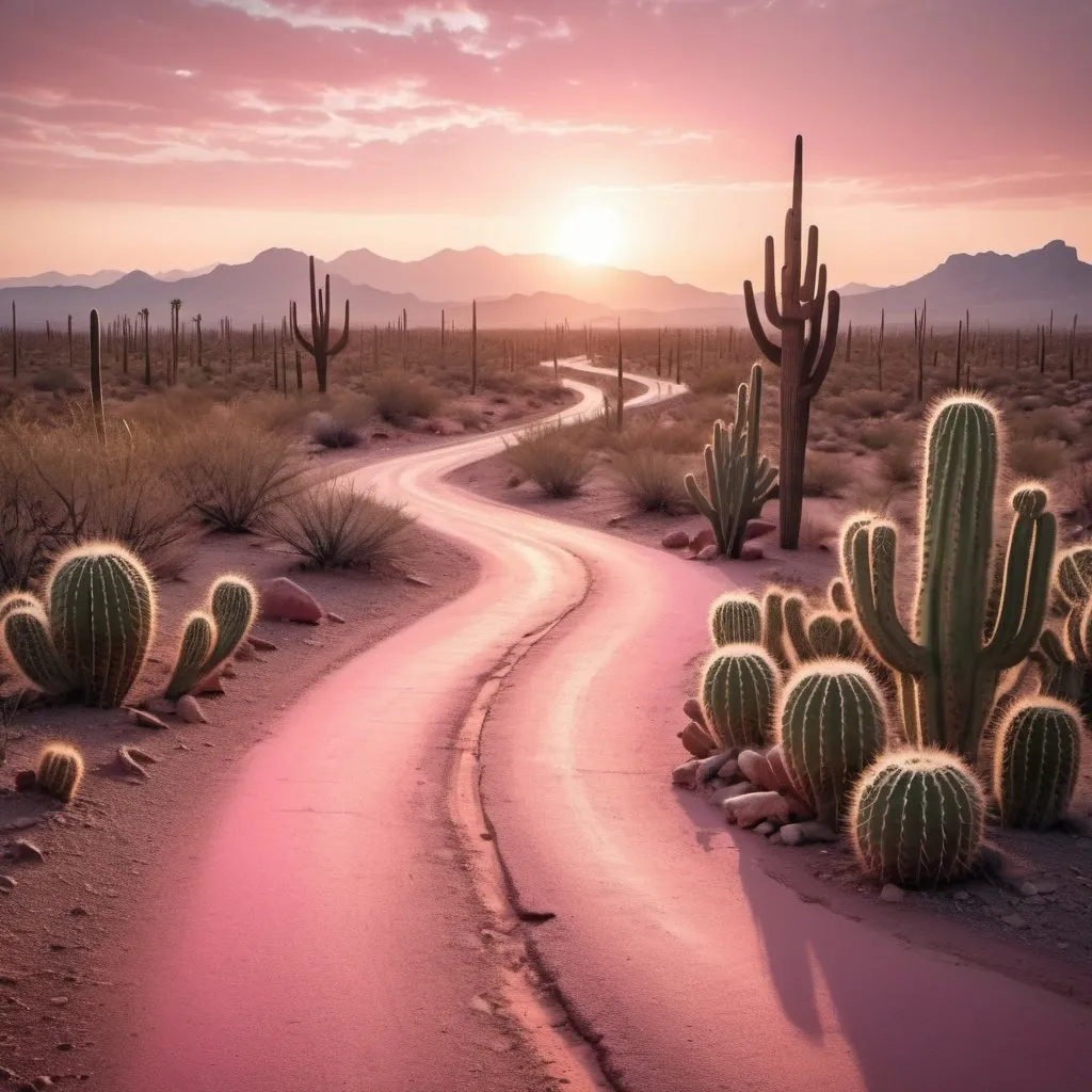 Prompt: road winding through desert, sun is shining, lonely cacti here and there, fata morgana, sunset, dreamy atmosphere in pinkish shades