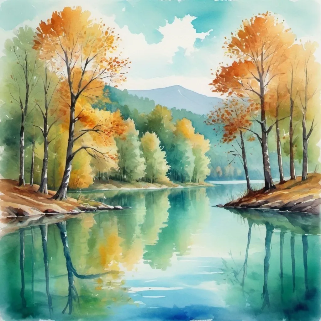 Prompt: romantic landscape with lake with blue-green water, autumn trees, watersoluble painting