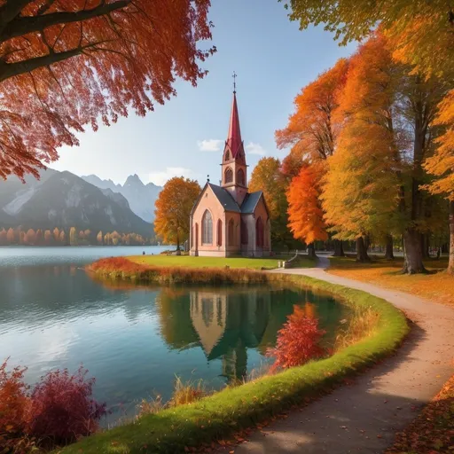 Prompt: island in a lake, it is autumn, leaves are getting red, orange, purple shades, some green trees, grass, beautiful chapel with shining windows