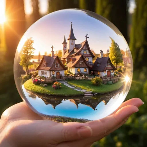 Prompt: lavely fairy tale village in a crystal ball, setting sun