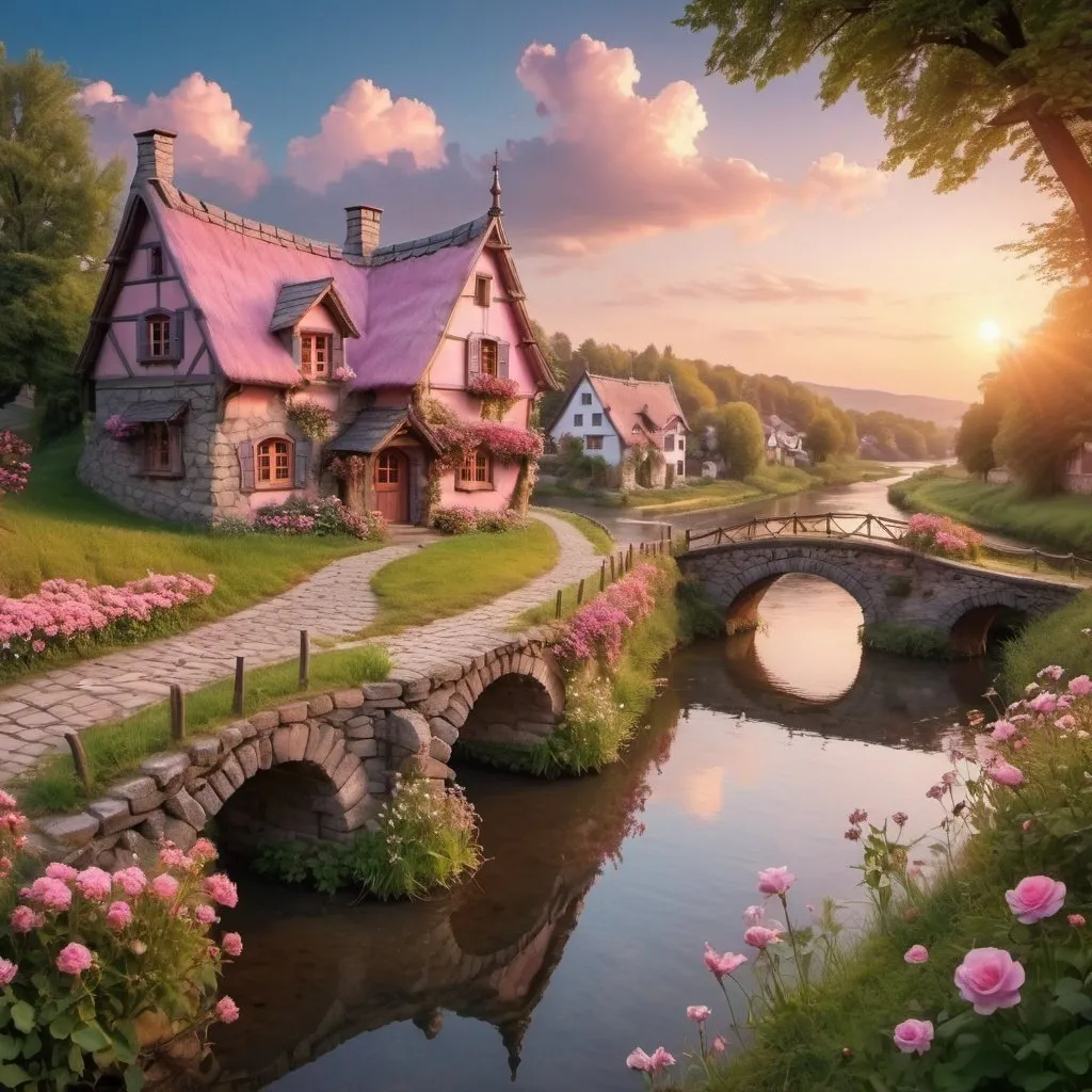 Prompt: romantic calm (river) is winding forward, there are small (fairy tale houses) on both banks, (stone bridge) further away over the river, (flowers) on the bank, sunset, sky pinkish