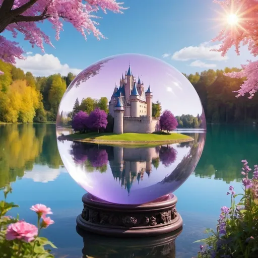 Prompt: big crystal ball, inside is a fairy tale castle on the bank of a beautiful romantic lake, like small world, trees, bushes, flowers, blue sky, sun is shining, shades of yellow, pink, purple, violet, the ball flying above a lake