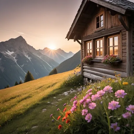 Prompt: mountain meadow, mountain hut in german alpine style on the left, hut windows with flowers, romantic light, sunset